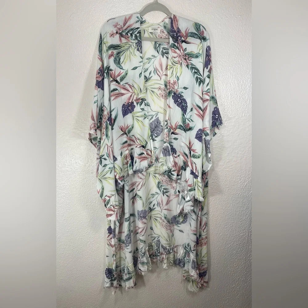 Umgee White flower Floral Print Kimono Wrap Women’s M/L